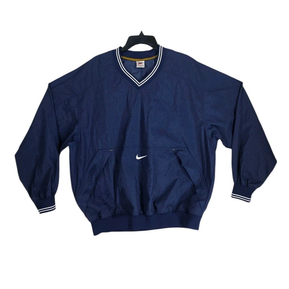 Vtg Nike Mens L V-Neck Windbreaker Jacket Pullover Navy Blue Nylon Swoosh F7-GTI
